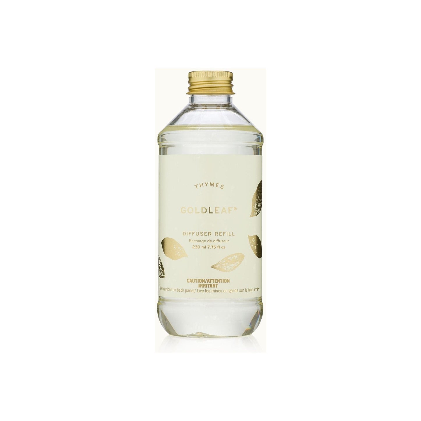 Thymes Goldleaf Aromatic Diffuser in a 7.75 oz glass bottle with reed sticks, designed to add a luxurious scent to any space.