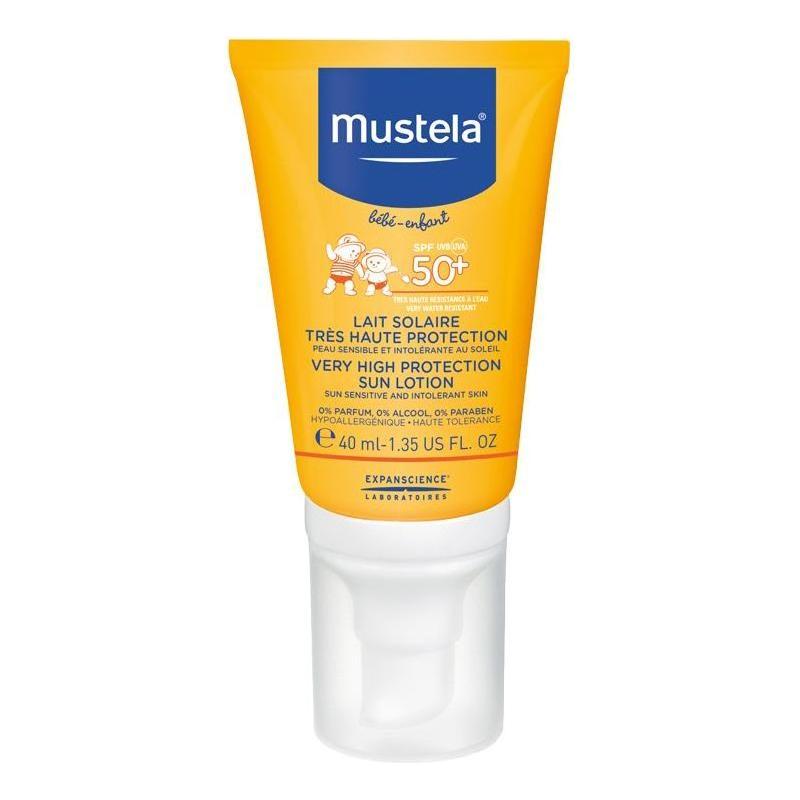 Mustela Baby Face Milk SPF 50+ sunscreen in 40 ml tube, gentle protection for baby's sensitive skin