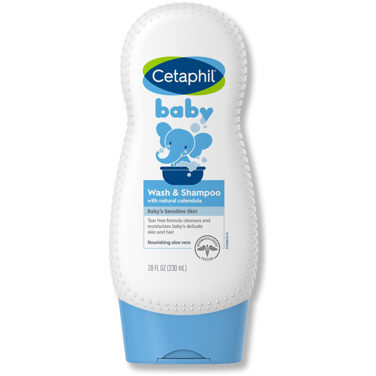 Cetaphil Baby Wash and Shampoo with Organic Calendula in a 7.8 oz bottle, gentle baby care product for skin and hair.