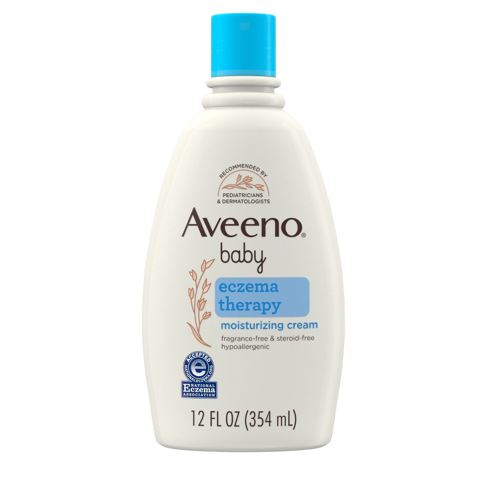 Aveeno Baby Eczema Therapy Moisturizing Cream in a 12 fl oz bottle, designed for gentle skincare for babies and toddlers.