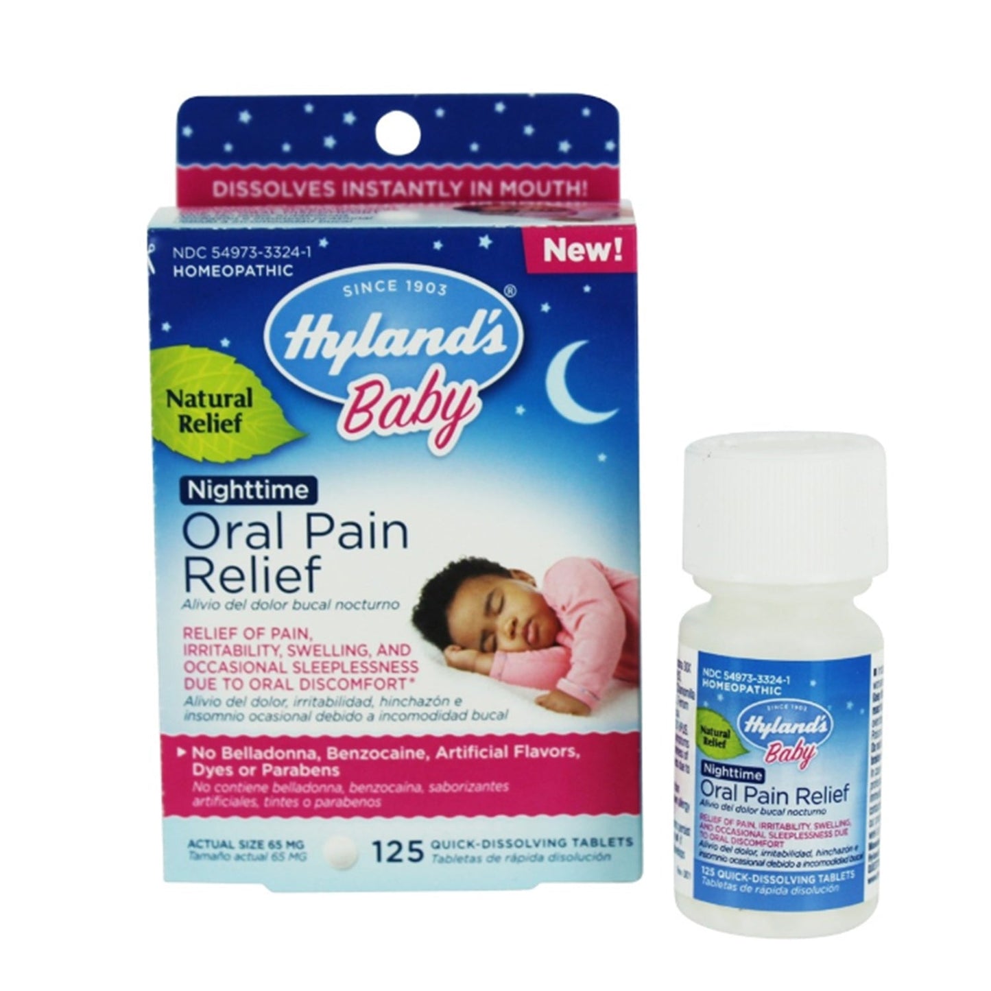 Hyland's Baby Oral Pain Relief Nighttime Tablets for babies and toddlers, 125-count, packaged in a box with tablets inside.