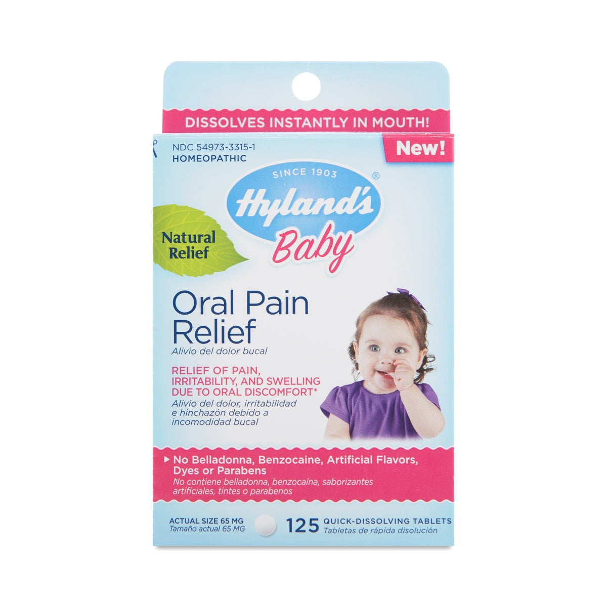 Hyland's Naturals Baby Oral Pain Relief Daytime tablets for infants 0+ months, 125 count, in a bottle with label and tablets inside.