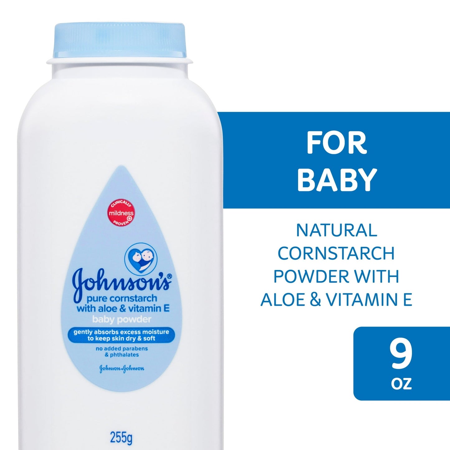 Johnson's Baby Powder with cornstarch, aloe, and vitamin E in a 9 oz container, designed for baby and toddler skincare.