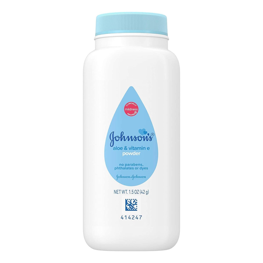 Johnson's Baby Powder with pure cornstarch, soothing aloe and vitamin E, in a white bottle with a pink cap, for baby and toddler care.