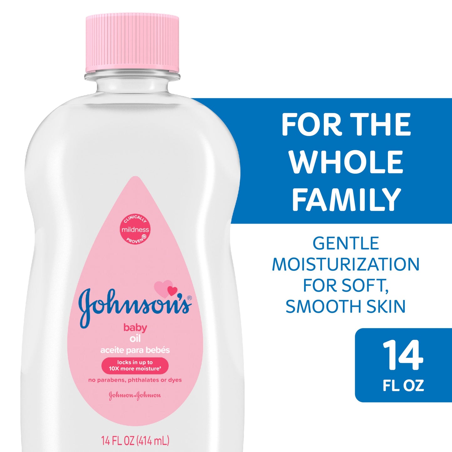 Johnson's Baby Pure Mineral Oil bottle, original formula, 14 fl oz, for baby skincare, displayed on a clean background