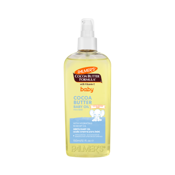 Palmer’s Cocoa Butter Baby Oil for soothing moisturization, gentle for babies and toddlers, in a clear bottle with a white cap.