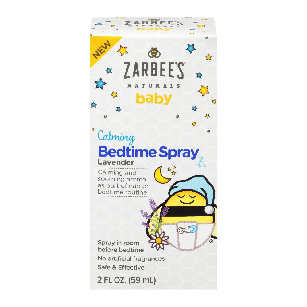 Zarbee's Baby Calming Bedtime Spray with Lavender in a 2 oz mist bottle for infants and toddlers sleep routine.