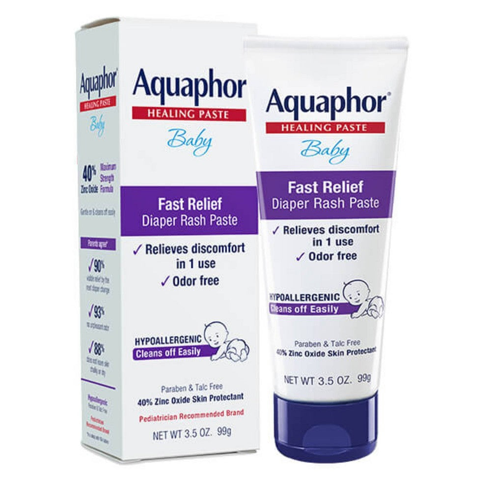 Aquaphor Baby Fast Relief Diaper Rash Paste in 3.5 oz container, designed for soothing diaper rash in infants and toddlers.