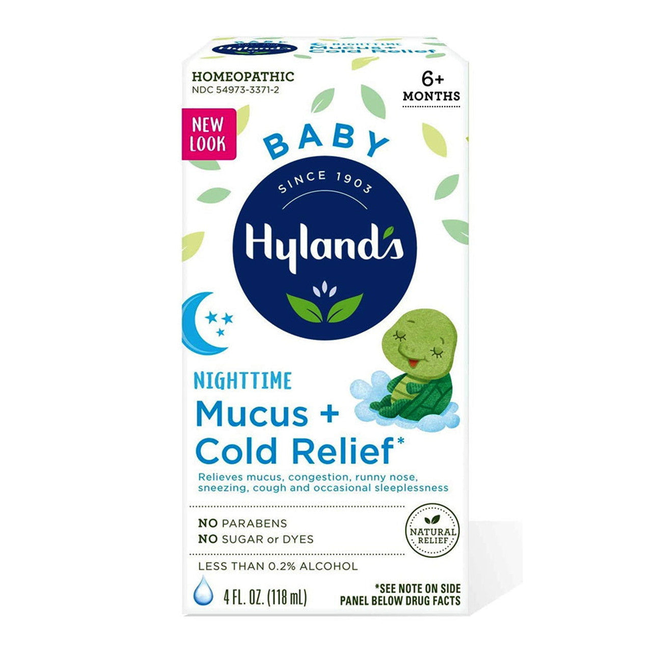 Hyland's Naturals Baby Nighttime Mucus and Cold Relief Syrup bottle, 4 fl oz, suitable for infants and toddlers.