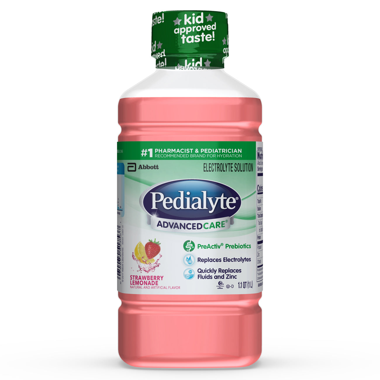 Pedialyte Strawberry Lemonade electrolyte solution in a 33.8 fl oz bottle, suitable for babies and toddlers.