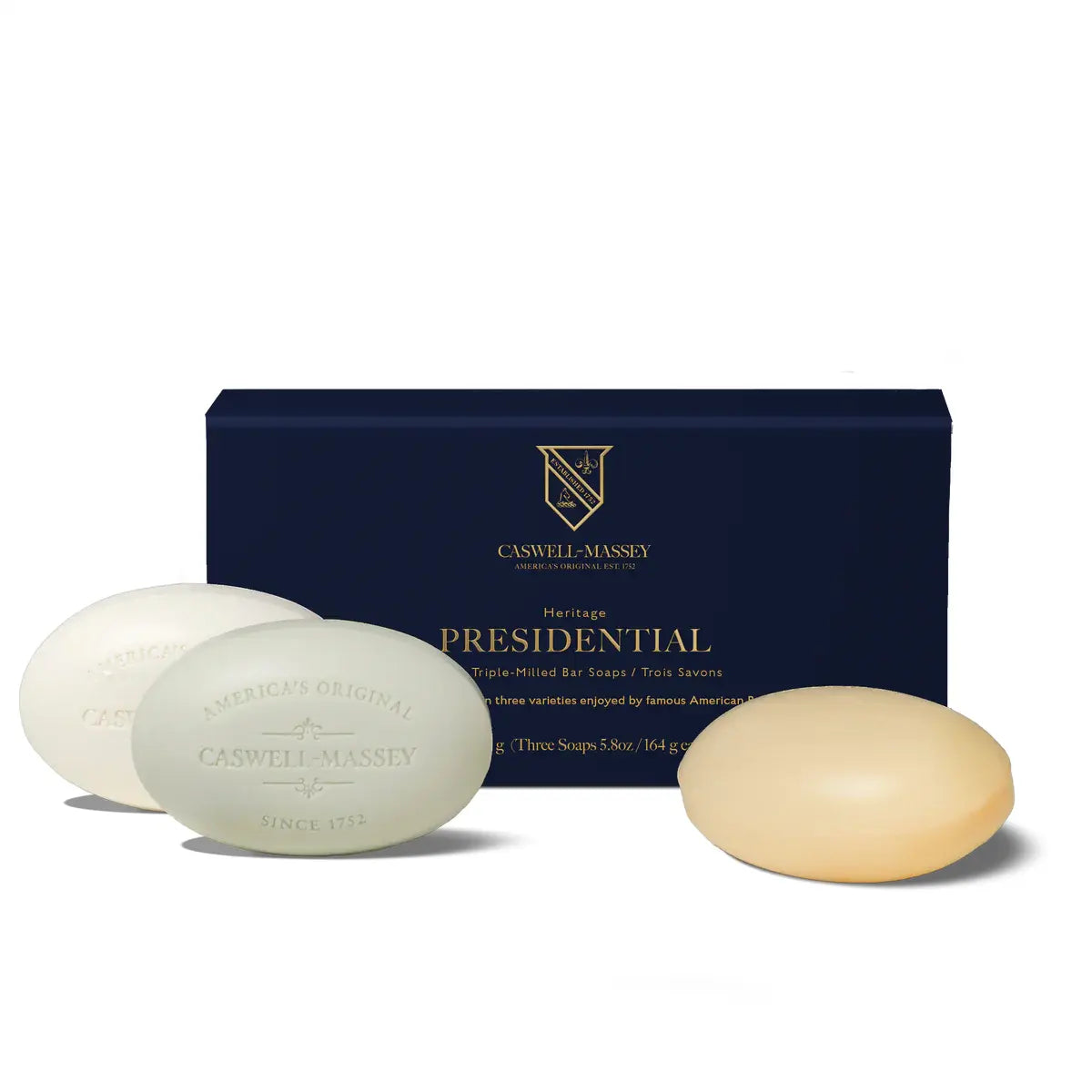 Set of three Caswell-Massey bath soap bars by Pasteur Pharmacy, 5.8 oz each, in an elegant collection with classic apothecary packaging.