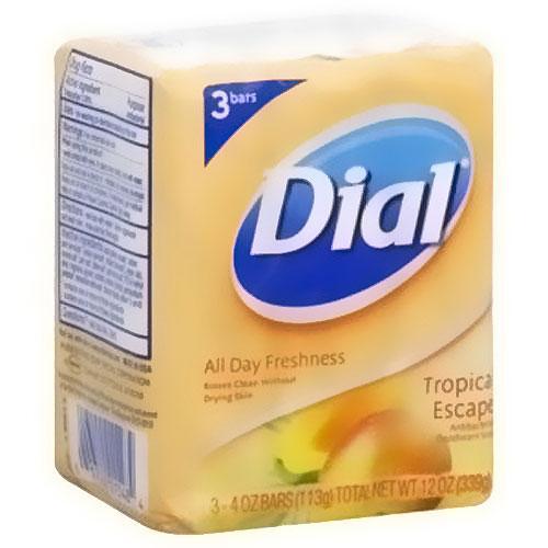 Bar soap by Pasteur Pharmacy featuring Dial Deodorant Soap Antibacterial Tropical Escape scent, with a tropical-themed packaging design.