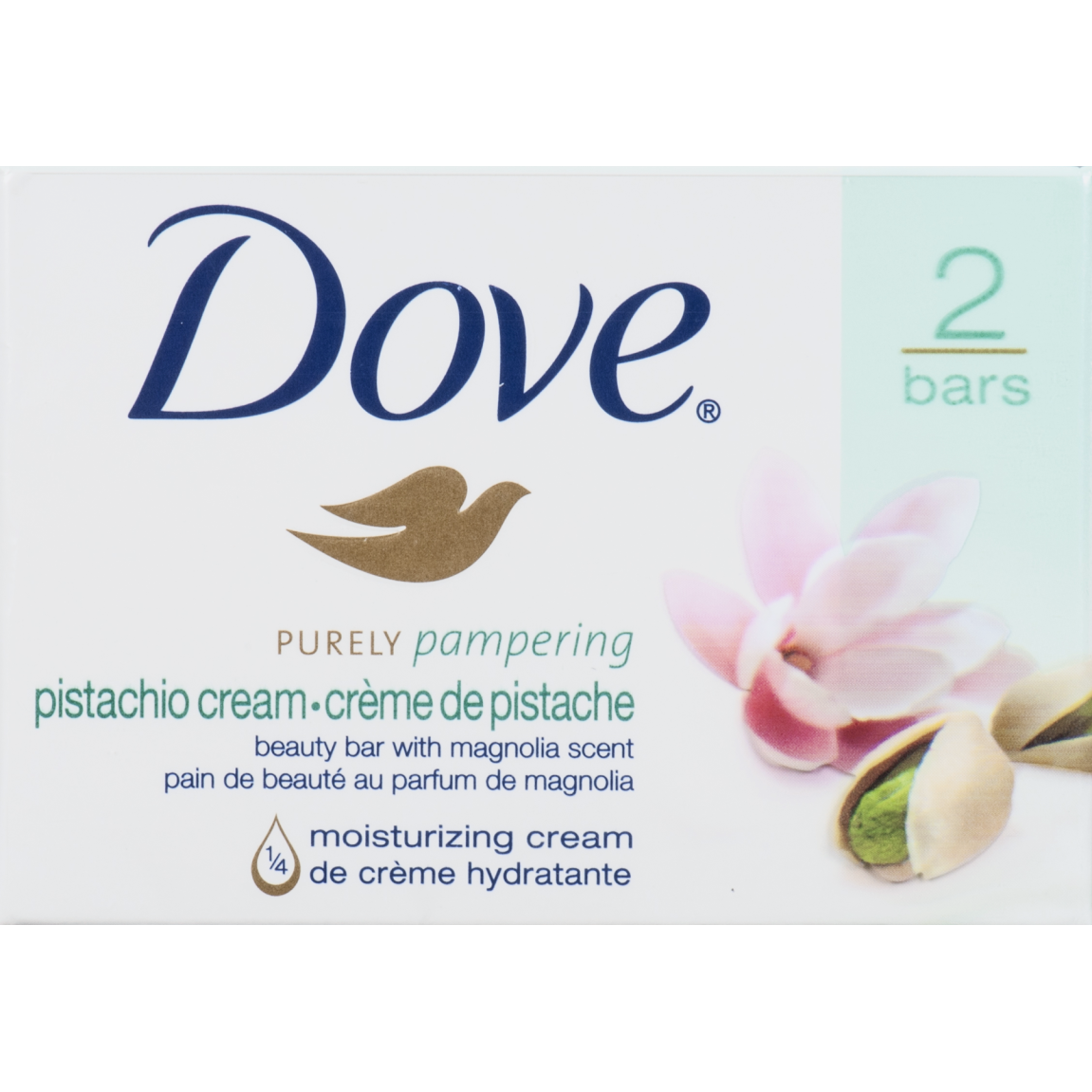 Dove Purely Pampering Pistachio Cream Bar Soap pack with two bars, creamy soap with pistachio scent, natural skincare from Pasteur Pharmacy