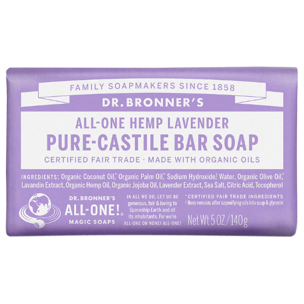Lavender Dr. Bronner's Pure Castile Soap Bar, 5 oz, natural bar soap with lavender scent, shown in its packaging.