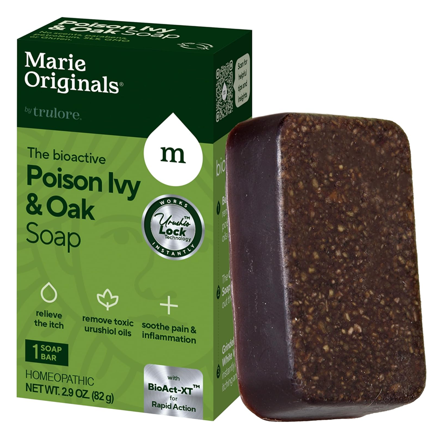 Bar soap by Marie Originals for poison ivy and oak relief, in a Pasteur Pharmacy packaging.
