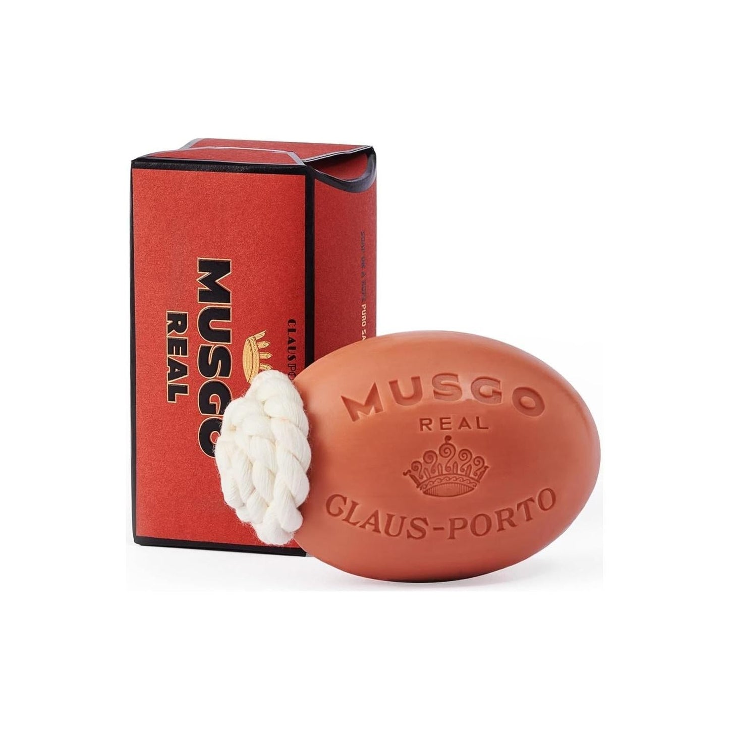 Musgo Real soap-on-a-rope bar soap with Puro Sangue scent, 6.7 oz, from Pasteur Pharmacy, displayed with the rope and soap bar.