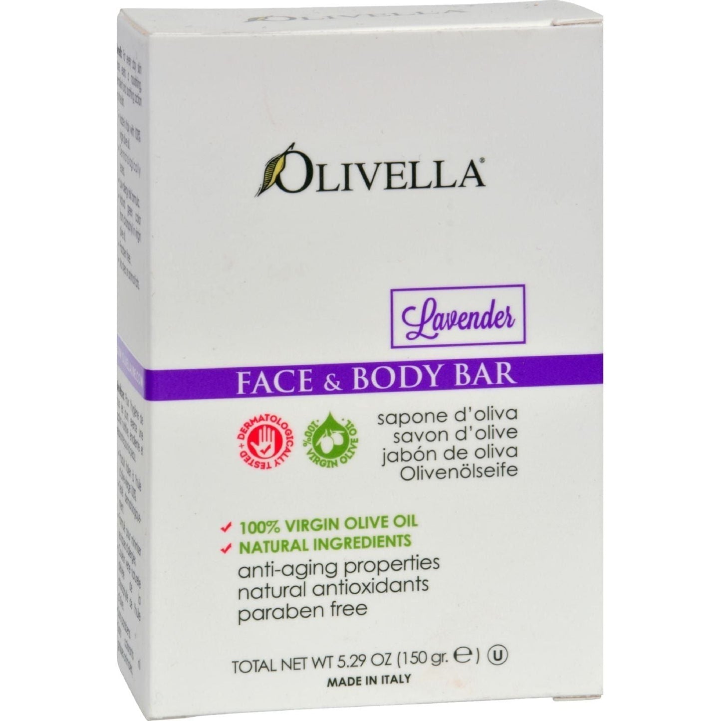 Olivella Lavender Face and Body Bar Soap by Pasteur Pharmacy, 5.29 oz, with lavender scent and natural ingredients.