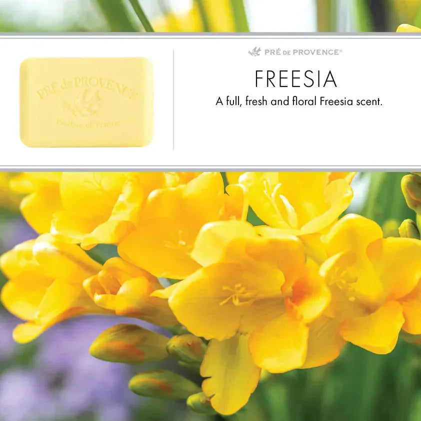 Pre De Provence Freesia Shea Butter vegetable bar soap by Pasteur Pharmacy, 150g, showcasing a creamy, floral-scented soap bar.