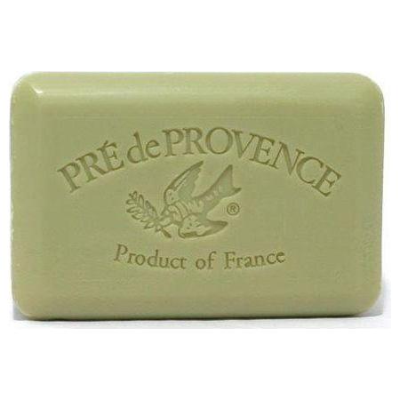 Pre De Provence green tea and shea butter vegetable bar soap, 250g, with a natural soap bar wrapped in paper packaging.