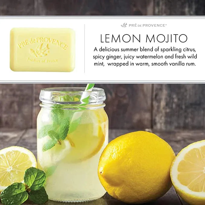 Pre De Provence Lemon Mojito Shea Butter Vegetable Bar Soap by Pasteur Pharmacy, 150g, with lemon and Shea butter ingredients.