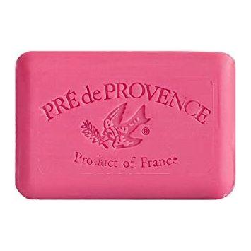 Pre De Provence Raspberry Shea Butter Vegetable Bar Soap by Pasteur Pharmacy, 250g, with pink soap bar and raspberry scent.