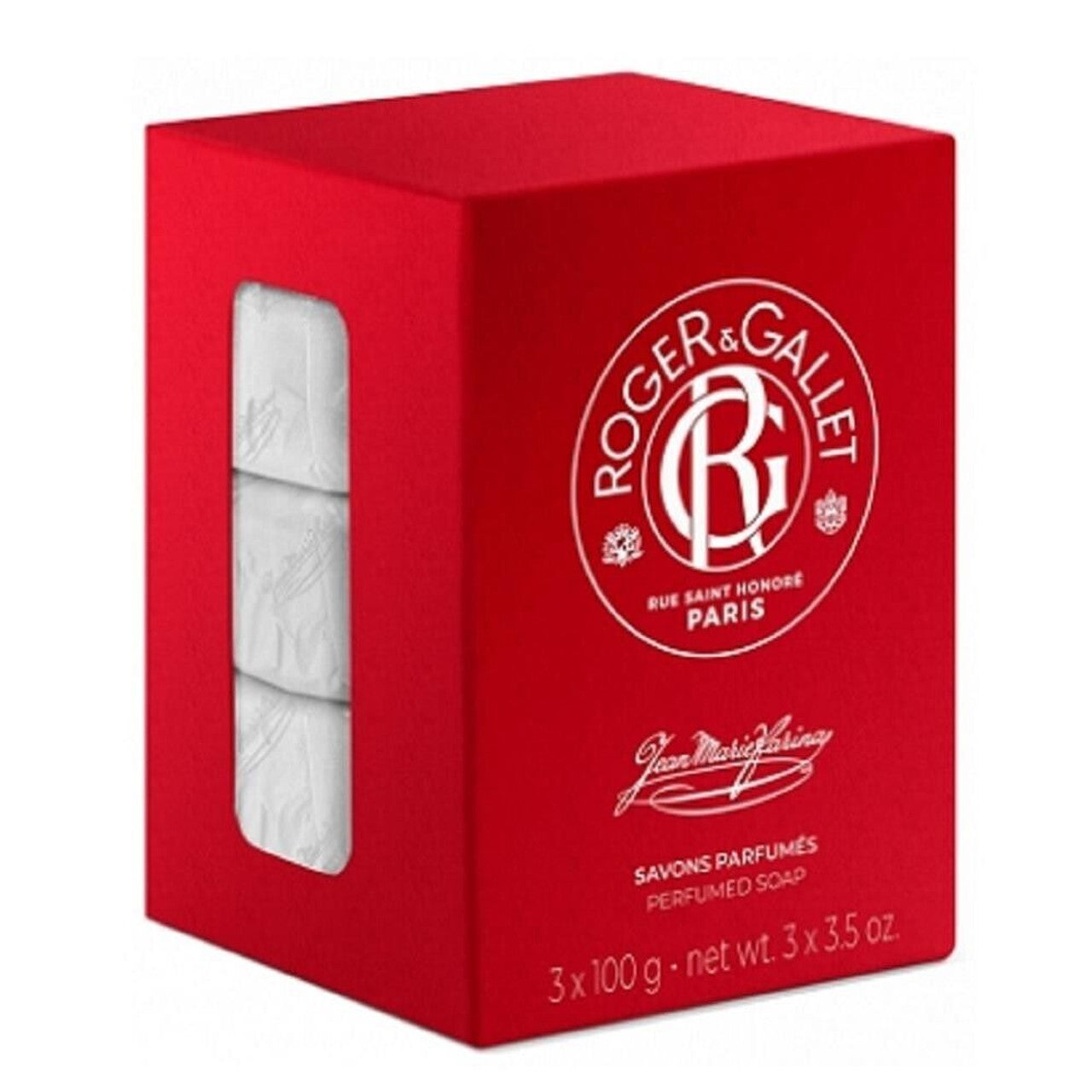 Three Roger & Gallet Jean Marie Farina perfumed bar soaps, 100g each, in a natural soap cake form.
