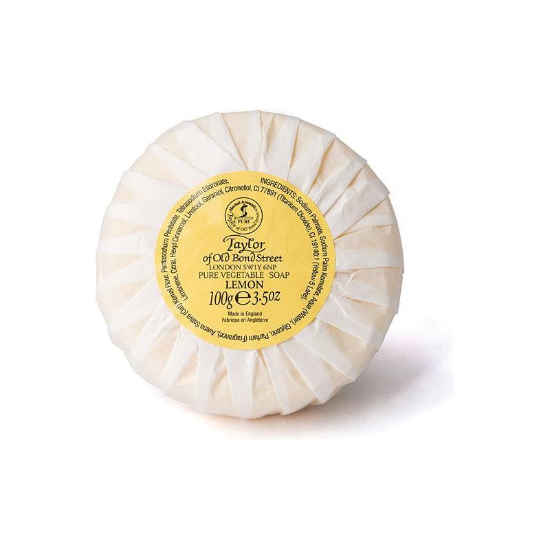 Taylor of Old Bond Street Lemon Vegetable Soap bar, 100g, with bright yellow soap and textured surface, natural lemon scent.