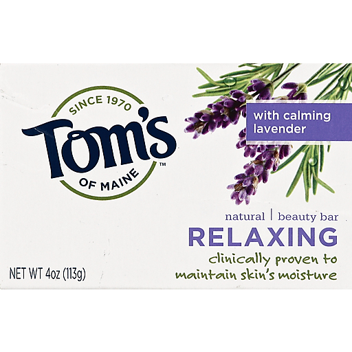 Tom's of Maine Relaxing Natural Beauty Bar Soap, 4 oz, in a white soap bar with eco-friendly packaging.