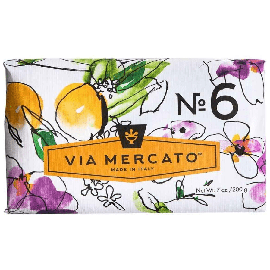 Bar soap by Pasteur Pharmacy, Via Mercato Nro. 6 with fig, orange blossom, and cedarwood scents in a 7oz bar.