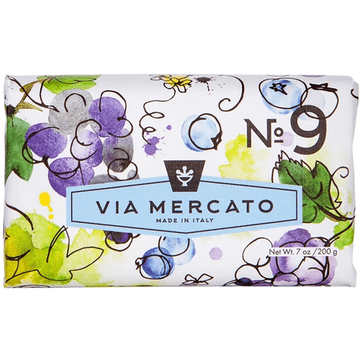 Pasteur Pharmacy Via Mercato Nro. 9 soap bar with grape, black currant, and musk scent, 7oz, shown in the image.