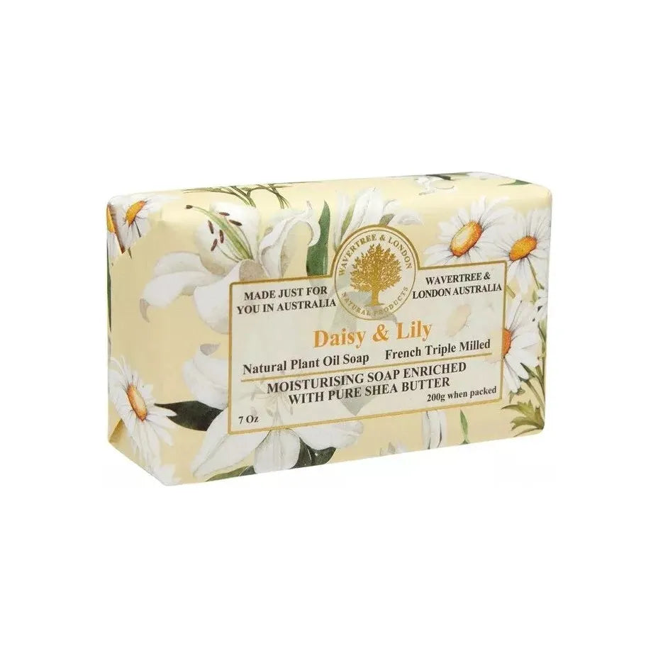 Wavertree & London Daisy & Lily natural bar soap by Pasteur Pharmacy, 7 oz, with floral scent and gentle cleansing ingredients.