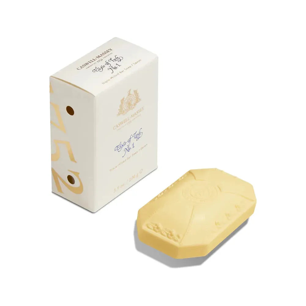 Caswell Massey triple-milled bar soap in classic scents, 3.5 oz, displayed with elegant packaging and floral design.