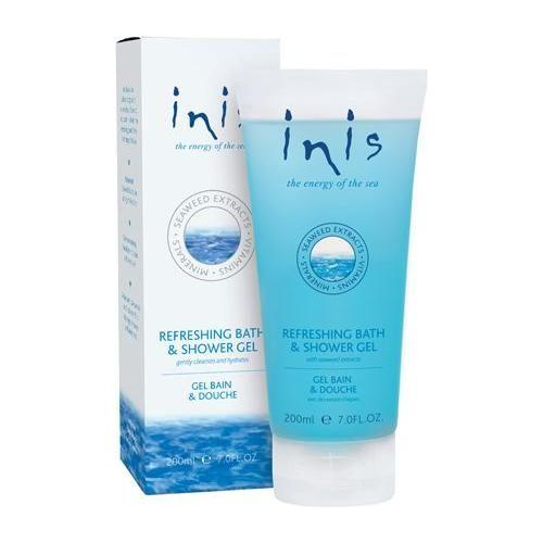 Inis Refreshing Bath and Shower Gel in 200ml bottle, with label featuring blue and white design, natural ingredients details visible.