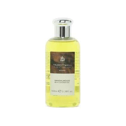 Truefitt & Hill Sandalwood Bath and Shower Gel in 3.38 oz bottle, featuring a smooth, sandalwood-scented gel for cleansing.