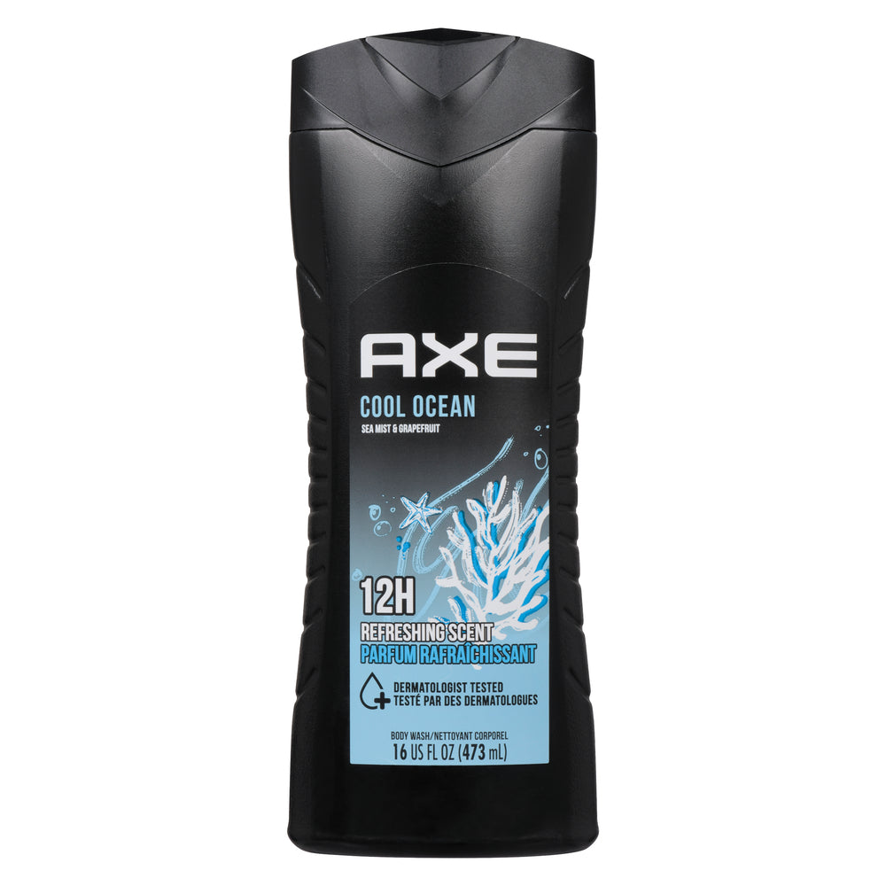 Axe Cool Ocean men's body wash bottle, 473 mL, in a blue and white bottle with ocean-themed design for bath and body use.