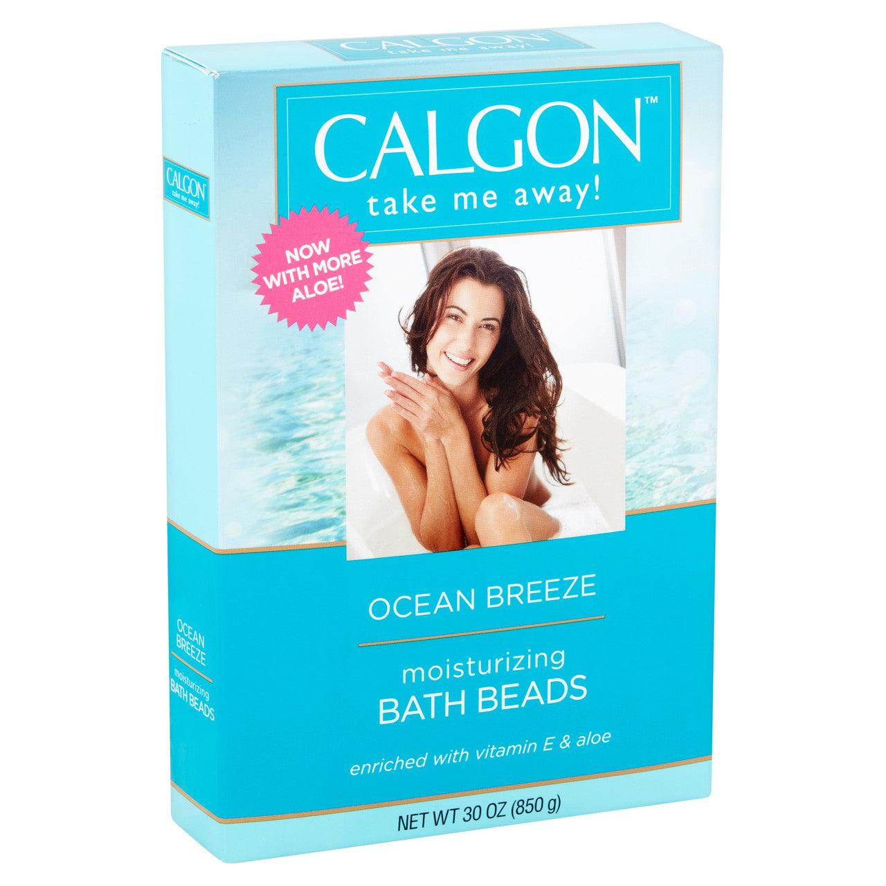 Calgon Ultra Moisturizing Bath Beads in Ocean Breeze scent, 30 oz, with a clear jar showing soft blue bath beads.