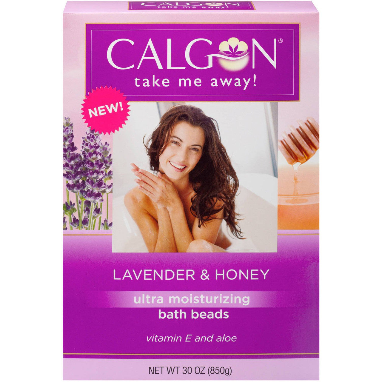 Calgon Ultra-Moisturizing Bath Beads in lavender and vanilla scent, 30 oz, relaxing bath and body product.