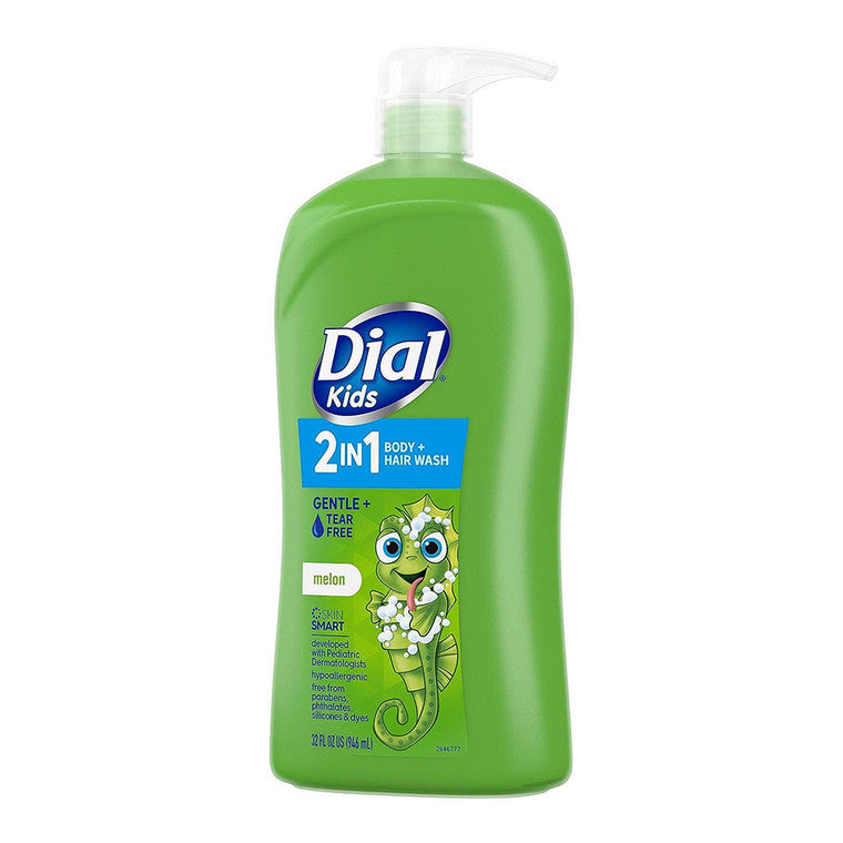Dial Kids 2-in-1 Melon Body and Hair Wash bottle for kids, 32 fl oz, in a clear plastic container with a colorful label.