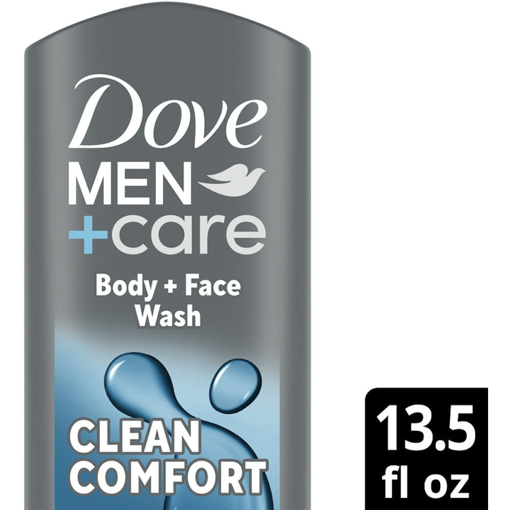 Dove Men+Care Hydrating Clean Comfort Body and Face Wash in 13.5 fl oz bottle, suitable for daily cleansing and hydration.