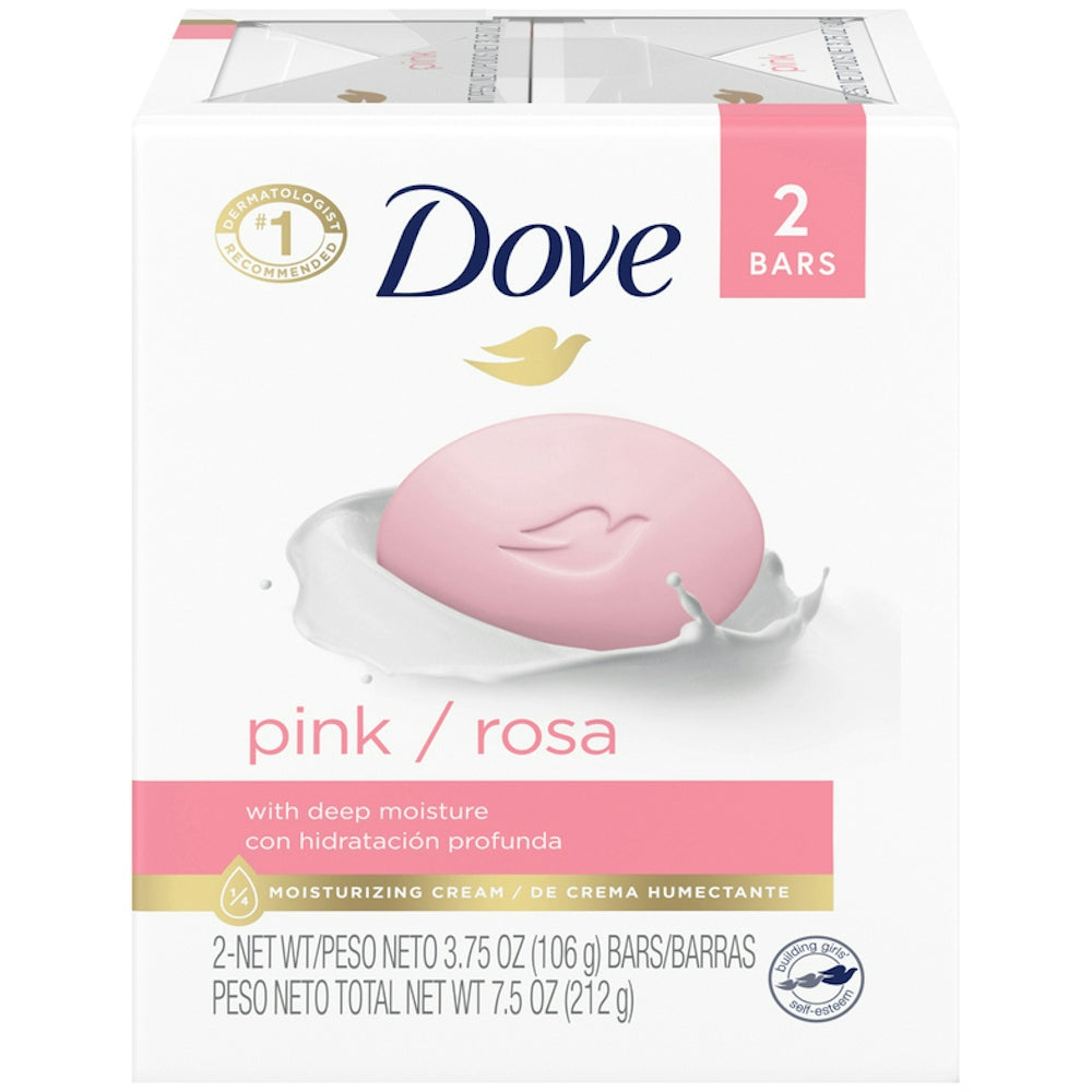 Dove Pink Beauty Bar 4.25 oz, two-pack, bath and body soap for soft, radiant skin, displayed in a natural setting