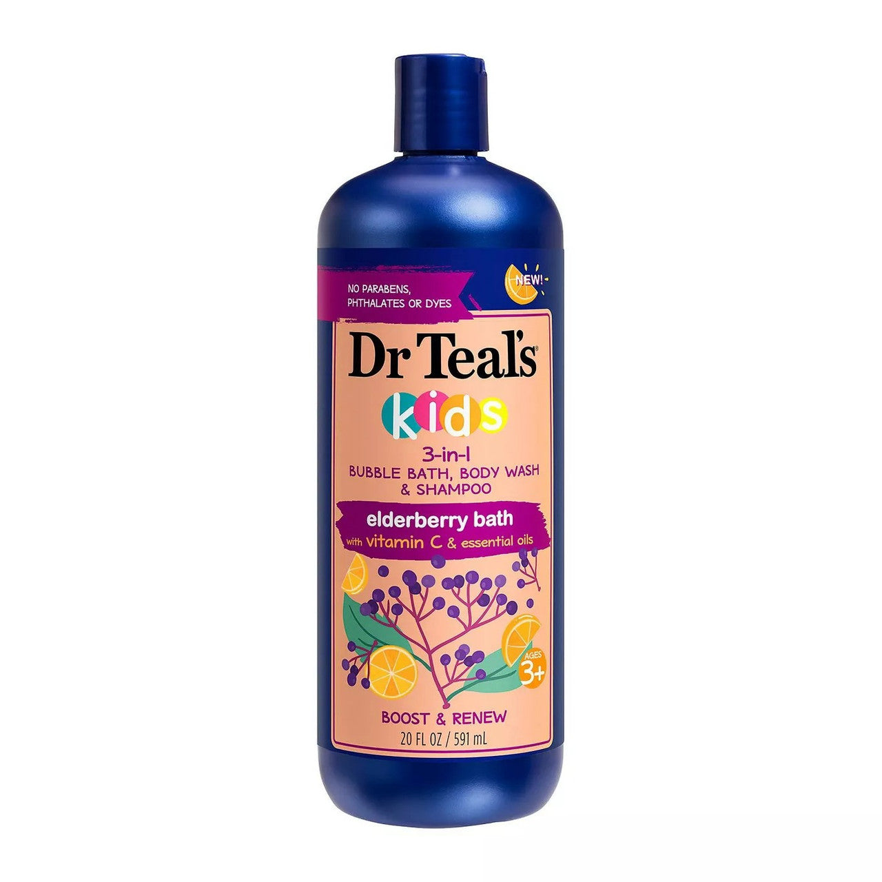 Dr Teal’s Kids 3-in-1 Elderberry bath and body product in 20 fl oz bottle, gentle and soothing for children.