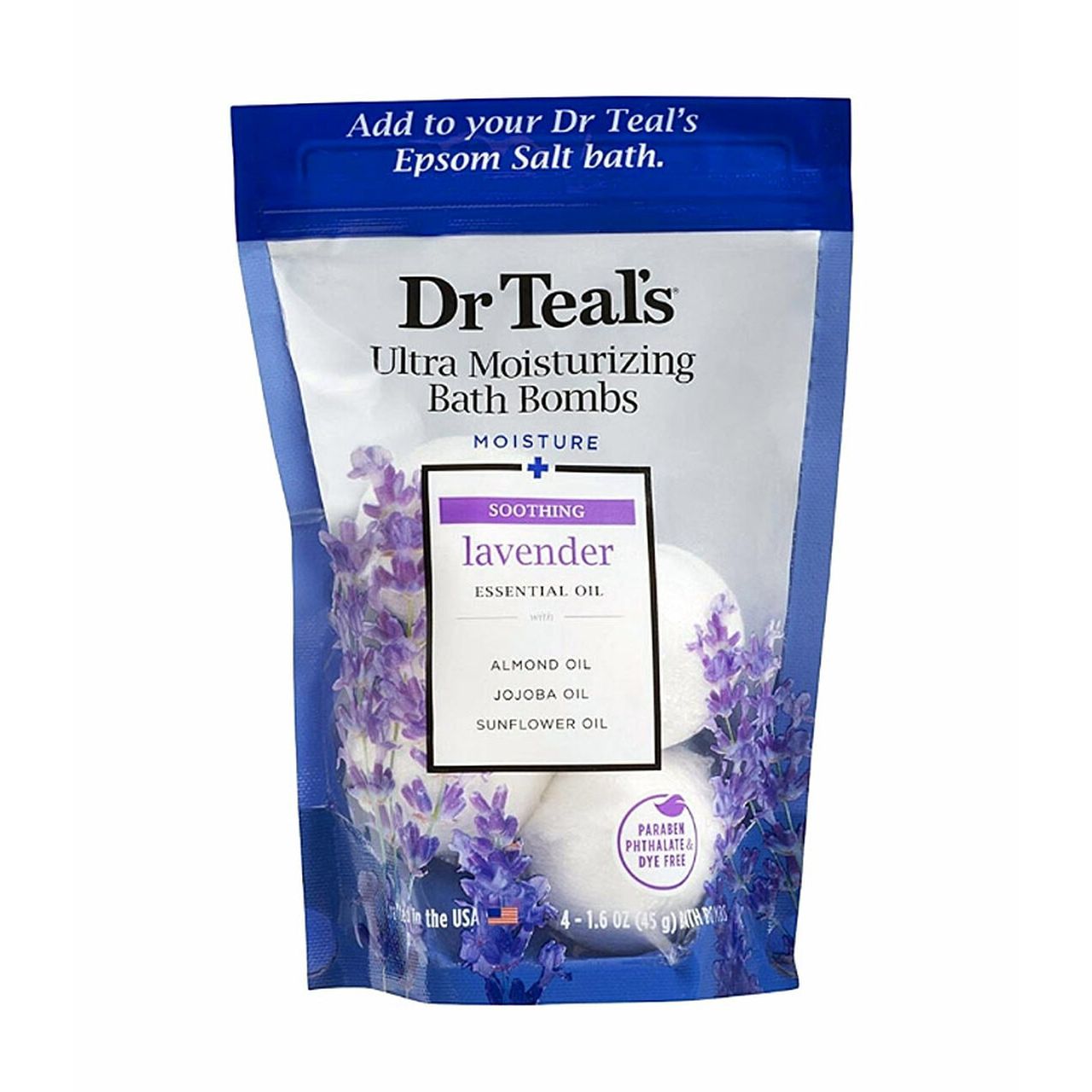 Dr Teal's Soothing Lavender bath bomb from Pasteur Pharmacy, ultra moisturizing bath and body product with lavender scent.