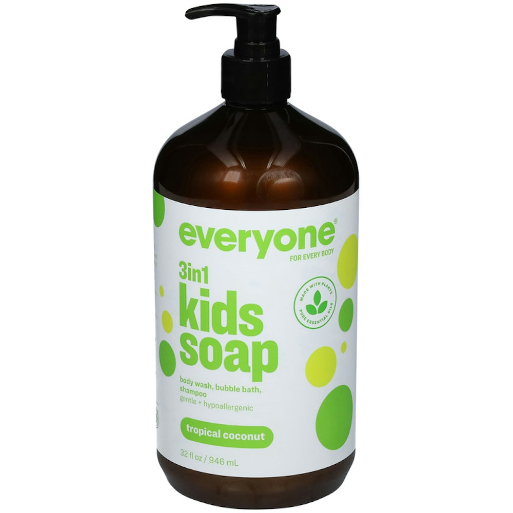 Everyone EO Kids Tropical Coconut Twist soap for bath and body, with colorful packaging and tropical coconut scent.