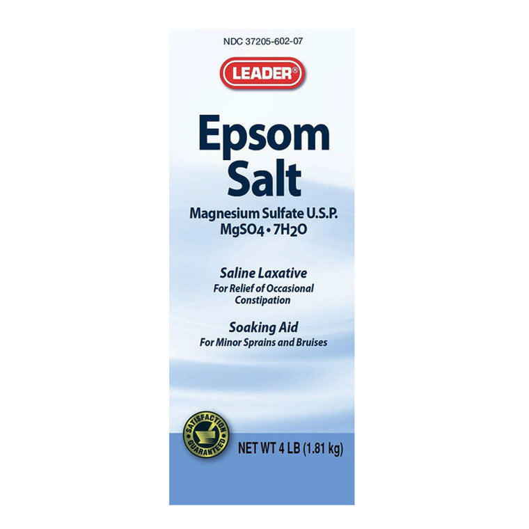 Leader Health Care Epsom Salt Magnesium Sulfate USP in a 4 lb package, ideal for bath and body use, by Pasteur Pharmacy.