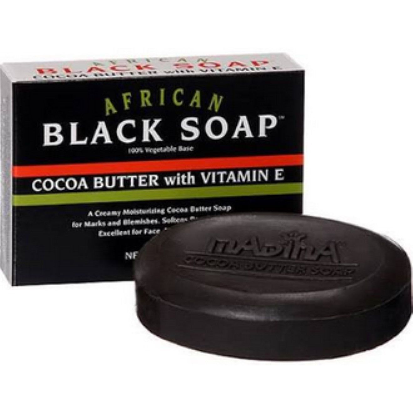Madina African Black Soap with Cocoa Butter and Vitamin E in a 3.5 oz bottle, suitable for bath and body care.