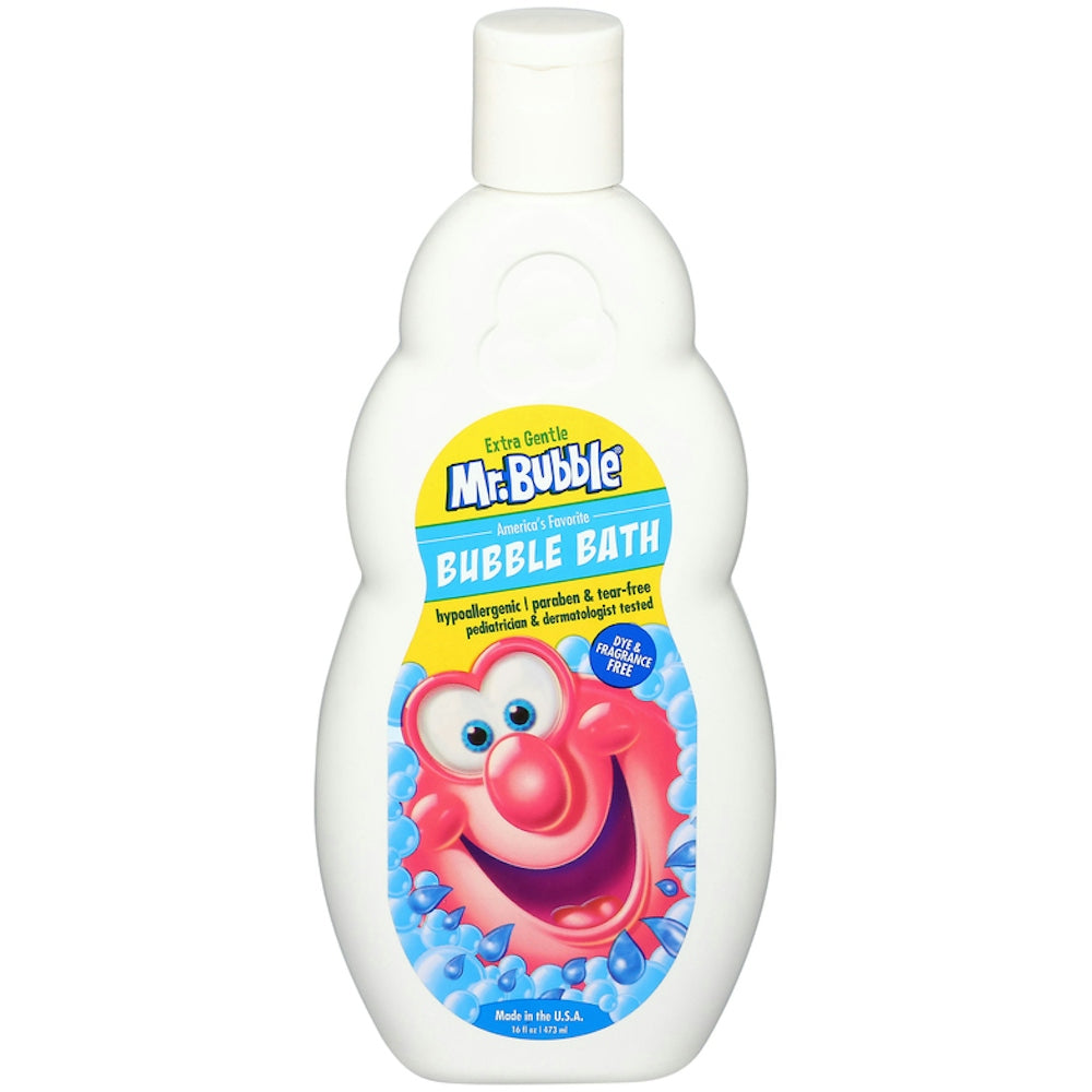 Mr. Bubble Extra Gentle Bubble Bath for sensitive skin, 16 fl oz bottle, pastel-colored packaging with gentle, soothing design.