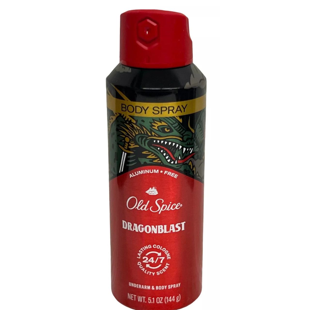 Old Spice Dragonblast aluminum-free body spray for men, 5.1 oz, featuring fresh scent and sleek bottle design.
