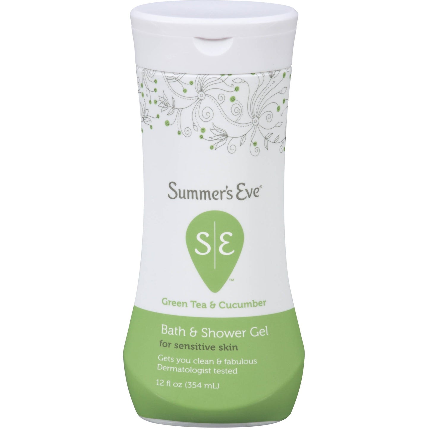 Summer's Eve bath and shower gel for sensitive skin with green tea and cucumber, 12 oz bottle, gentle bath and body product.