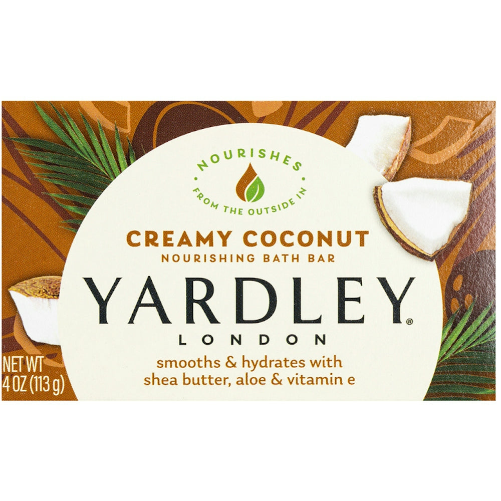 Yardley London Creamy Coconut moisturizing bath bar, 4.25 oz, in a natural soap form for gentle cleansing and hydration.