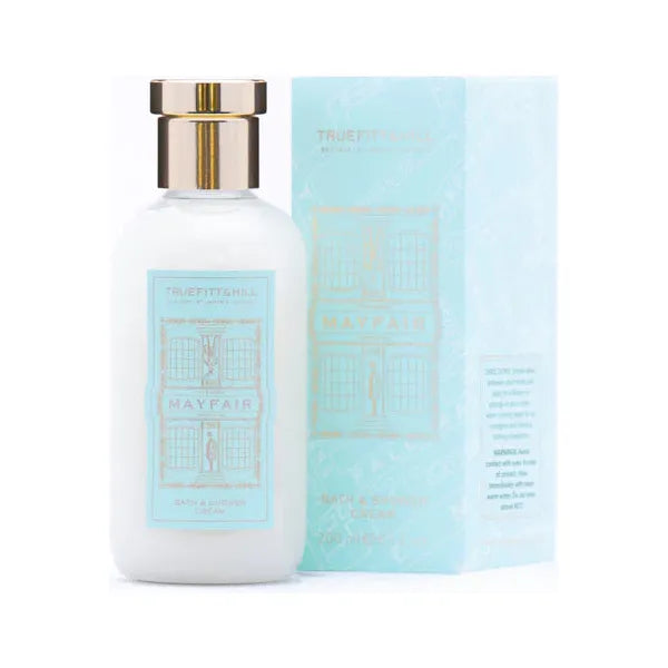 Truefitt & Hill Mayfair Bath & Shower Cream in 200ml bottle, creamy texture with elegant packaging and branding.